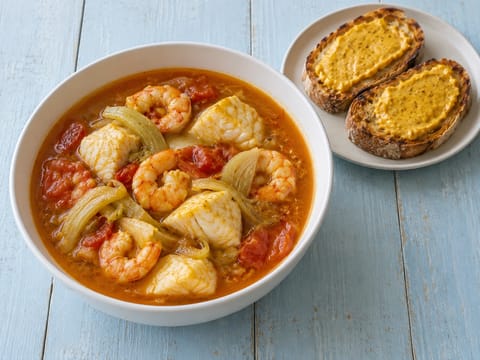 Bouillabaisse rouillen ja krutonkien kanssa (ranskalainen kalapata)