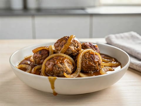 Boulets à la Liégeoise (liegeské masové kuličky ve sladkokyselé cibulové omáčce)