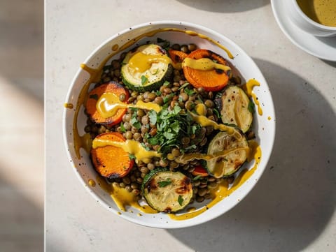 Fransk linse- og ovnsbakt grønnsaksbolle med dijondressing Fransk linse- og ovnsbakt grønnsaksbolle med dijondressing