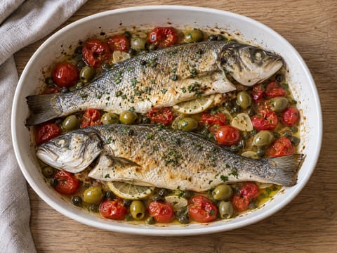 Branzino al Forno con Olive e Capperi (bar rôti au four avec olives et câpres)