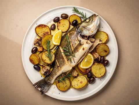 Branzino al Forno con Patate e Olive (ovnsstekt havabbor med poteter og oliven)