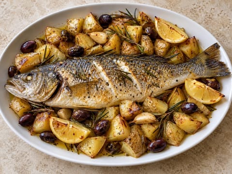 Branzino al Forno con Patate e Olive (ovnsstekt havabbor med poteter og oliven) Branzino al Forno con Patate e Olive (ovnsstekt havabbor med poteter og oliven)