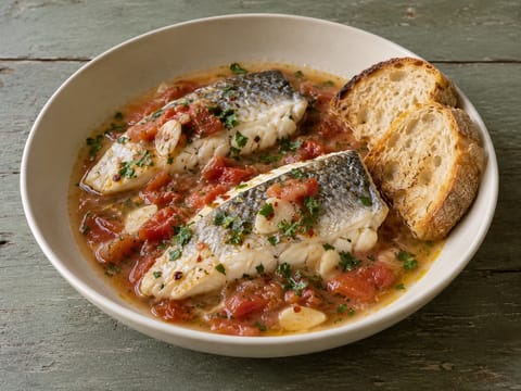 Branzino all’Acqua Pazza (mořský vlk v rajčatovo-vinném vývaru) Branzino all’Acqua Pazza (mořský vlk v rajčatovo-vinném vývaru)