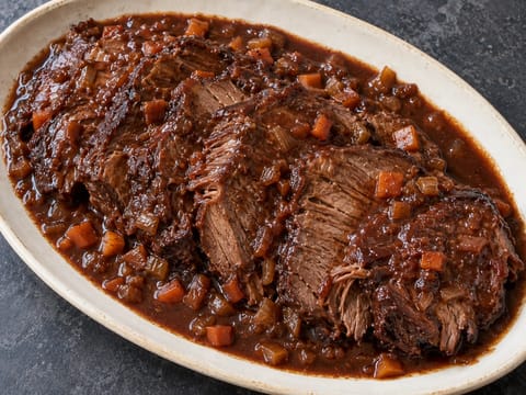 Brasato al Barolo (oksekød braiseret i rødvin med grøntsager) Brasato al Barolo (oksekød braiseret i rødvin med grøntsager)