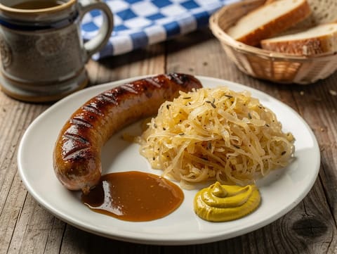 Bratwurst mit Sauerkraut (Bratwurst com chucrute e cebola)