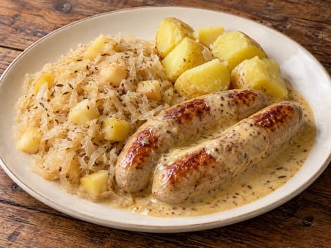 Bratwurst z kiszoną kapustą i sosem musztardowym Bratwurst z kiszoną kapustą i sosem musztardowym