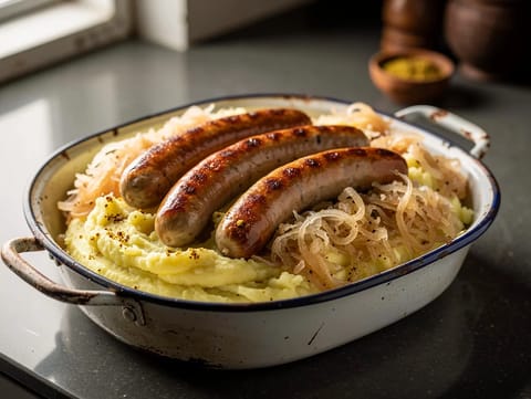Bratwurst savanyú káposztával és mustáros krumplipürével Bratwurst savanyú káposztával és mustáros krumplipürével
