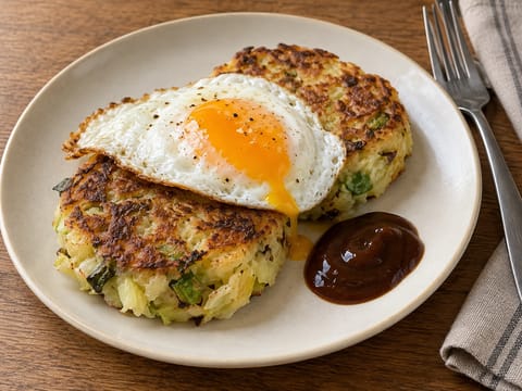 Bubble-and-Squeak-Küchlein mit Spiegelei und Brown Sauce Bubble-and-Squeak-Küchlein mit Spiegelei und Brown Sauce