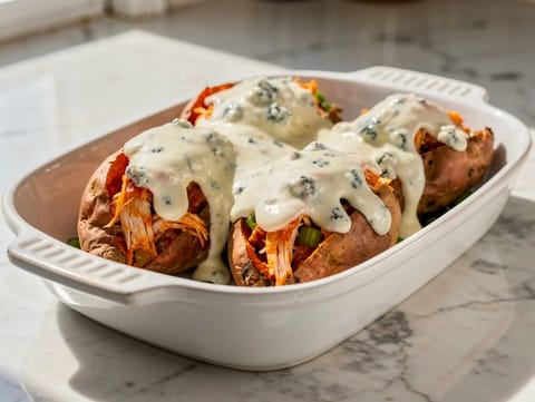 Sötpotatis fylld med Buffalo chicken