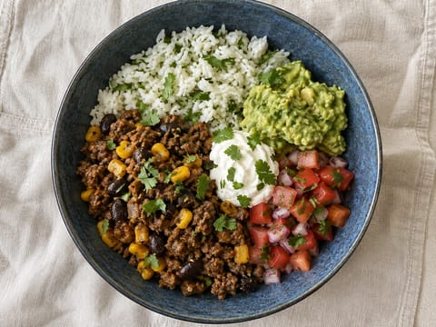 Burrito bowl com carne picada, feijão-preto e guacamole