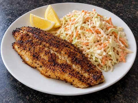 Bagre Cajun Blackened com Coleslaw Bagre Cajun Blackened com Coleslaw