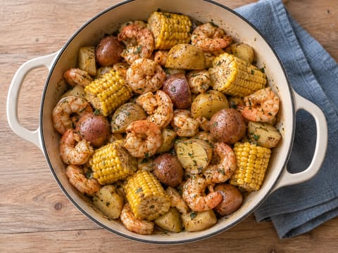 Hervido cajún de gambas con maíz y patatas Hervido cajún de gambas con maíz y patatas