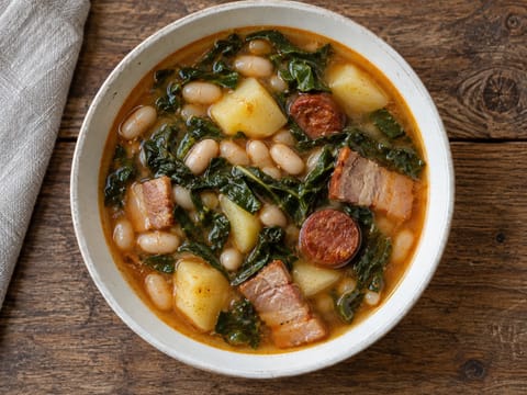 Caldo Gallego (supă galiciană cu fasole albă, cartofi și verdețuri)
