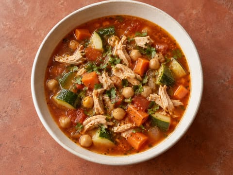 Caldo Tlalpeño (soupe mexicaine épicée au poulet et légumes, avec pois chiches)
