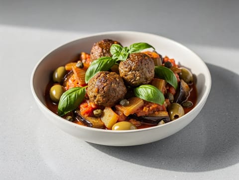 Auberginecaponata med oksekødboller (caponata di melanzane con polpette) Auberginecaponata med oksekødboller (caponata di melanzane con polpette)