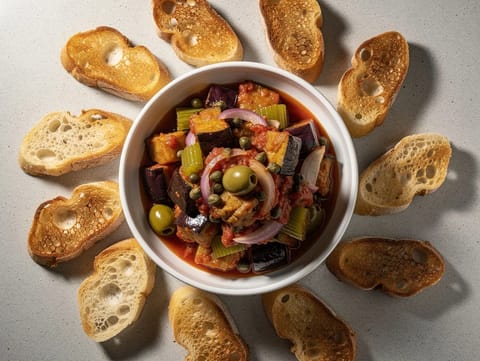 Caponata Siciliana (zoetzure auberginerelish) met crostini Caponata Siciliana (zoetzure auberginerelish) met crostini
