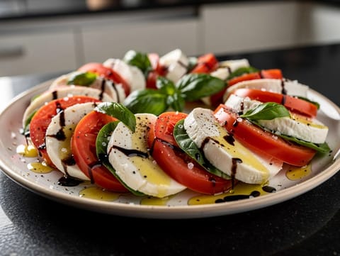 Caprese Salad (Domates, mozzarella ve fesleğen salatası) Caprese Salad (Domates, mozzarella ve fesleğen salatası)