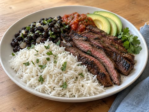Carne Asada (Filete marinado con arroz y frijoles negros) Carne Asada (Filete marinado con arroz y frijoles negros)