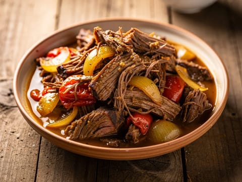 Carne Mechada (carne de vaca estufada e desfiada à espanhola com xerez)