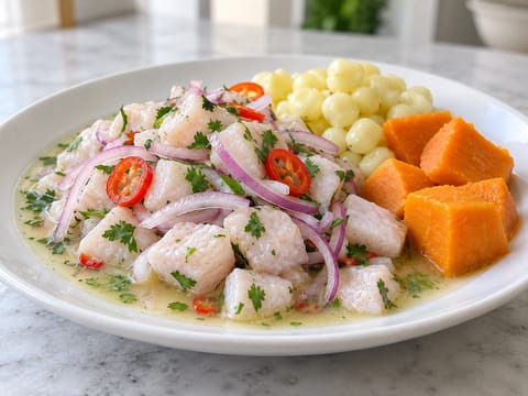 Ceviche de Corvina (perui tengeri sügér ceviche) Ceviche de Corvina (perui tengeri sügér ceviche)