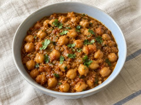 Punjabi Chana Masala (csicseriborsó-curry paradicsommal és fűszerekkel)