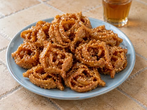 Chebakia (pasteles marroquíes de sésamo bañados en miel)