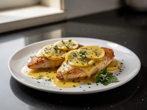 Chicken Française com molho de limão e vinho branco Chicken Française com molho de limão e vinho branco
