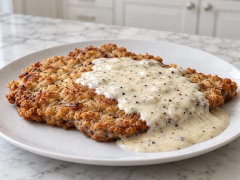 Chicken Fried Steak cu sos alb cremos Chicken Fried Steak cu sos alb cremos