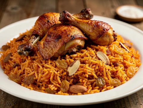 Chicken Kabsa (saudyjski ryż z przyprawami z migdałami i rodzynkami)