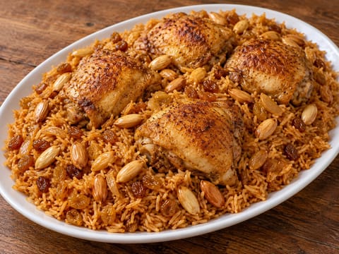 Chicken Kabsa (σαουδαραβικό πικάντικο ρύζι με αμύγδαλα και σταφίδες) Chicken Kabsa (σαουδαραβικό πικάντικο ρύζι με αμύγδαλα και σταφίδες)