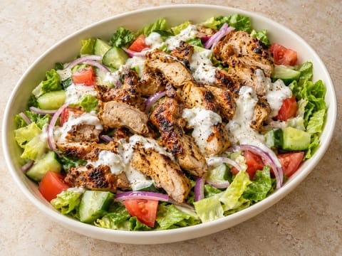Taça de Salada com Kebab de Frango (Frango Marinado em Iogurte com Molho de Iogurte e Limão) Taça de Salada com Kebab de Frango (Frango Marinado em Iogurte com Molho de Iogurte e Limão)