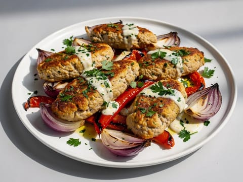 Hähnchen-Kofta-Blechgericht mit Joghurt-Zitronen-Soße