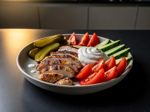 Kana-shawarma-annos valkosipulikastikkeella ja suolakurkulla