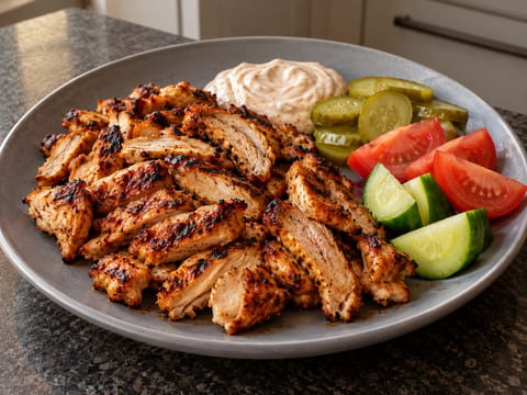 Talerz z kurczakiem shawarma z sosem czosnkowym i piklami Talerz z kurczakiem shawarma z sosem czosnkowym i piklami