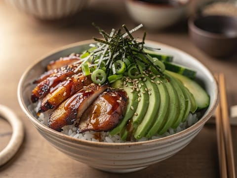 Csirkés teriyaki-avokádós poke bowl