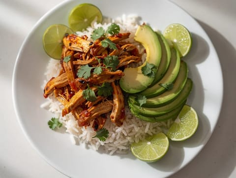 Bol de arroz con chicken tinga y salsa de tomate con chipotle