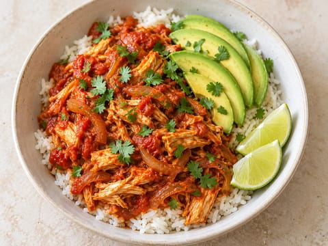Bol de orez cu chicken tinga și sos de roșii cu chipotle Bol de orez cu chicken tinga și sos de roșii cu chipotle