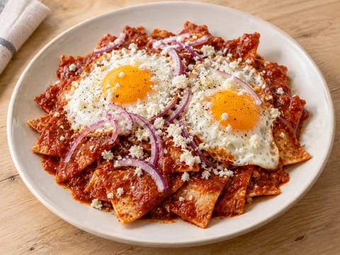 Chilaquiles Rojos (Domates ve Kurutulmuş Biber Sosunda Tortillalar)