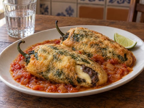 Chiles Rellenos vegetarieni (ardei poblano umpluți cu fasole și brânză) Chiles Rellenos vegetarieni (ardei poblano umpluți cu fasole și brânză)