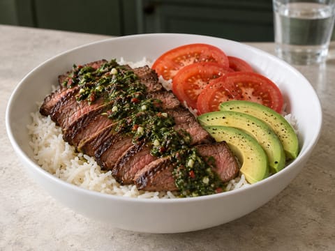 Chimichurri steak bowl med ris, tomat och avokado