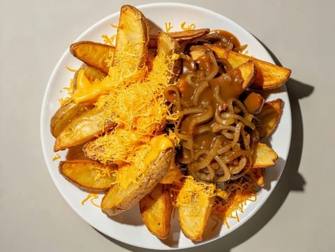 Pommes frites med ost og løgsauce