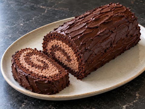 Schokoladen-Bûche de Noël (gerollter Schokoladen-Biskuitkuchen) Schokoladen-Bûche de Noël (gerollter Schokoladen-Biskuitkuchen)