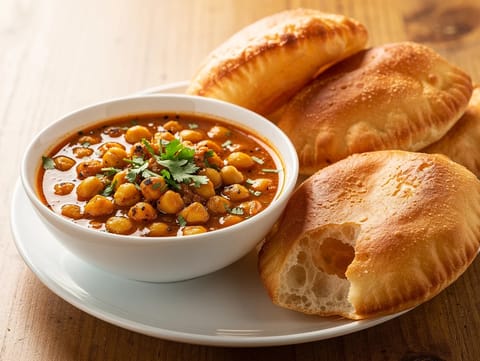 Chole Bhature (krydret kikertcurry med fritert brød) Chole Bhature (krydret kikertcurry med fritert brød)