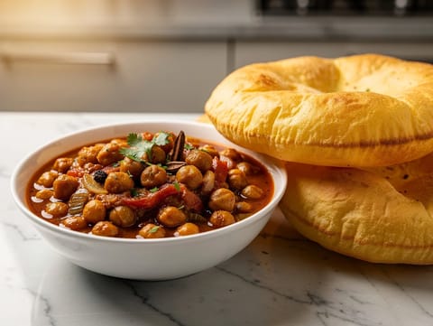 Chole Bhature (grão-de-bico temperado com pão frito)