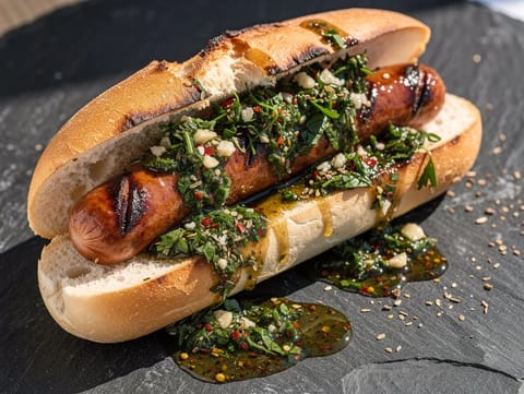 Argentiinalainen choripán (grillattu chorizo-leipä chimichurrilla)