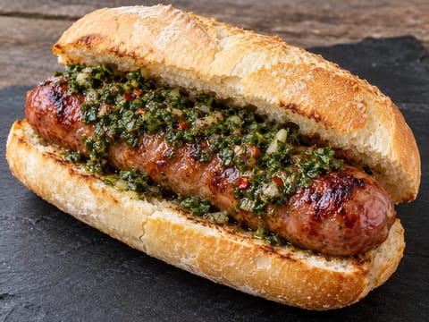 Argentin choripán (grillezett chorizós szendvics chimichurrival) Argentin choripán (grillezett chorizós szendvics chimichurrival)