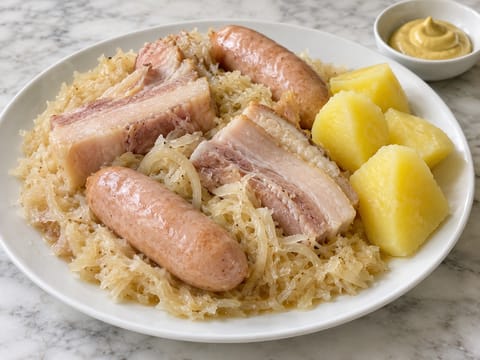 Choucroute Garnie (alsasisk braisert surkål med svinekjøtt og pølser) Choucroute Garnie (alsasisk braisert surkål med svinekjøtt og pølser)