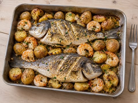 Griechische Weihnachts-Fischplatte (Dorade, Garnelen und Kartoffeln) Griechische Weihnachts-Fischplatte (Dorade, Garnelen und Kartoffeln)