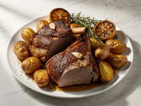 Griechischer Weihnachts-Lammbraten mit Zitrone, Knoblauch und Kartoffeln Griechischer Weihnachts-Lammbraten mit Zitrone, Knoblauch und Kartoffeln