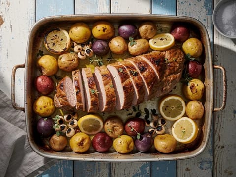 Asado de cerdo navideño al estilo griego con limón y patatas